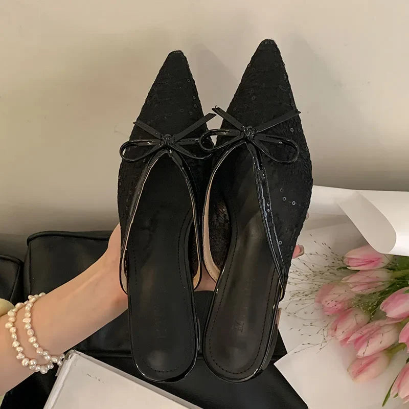 Butterfly-Knot Mesh Flats Slippers Mules Shoes Slides Pointed Toe Flats Sandals Shoes