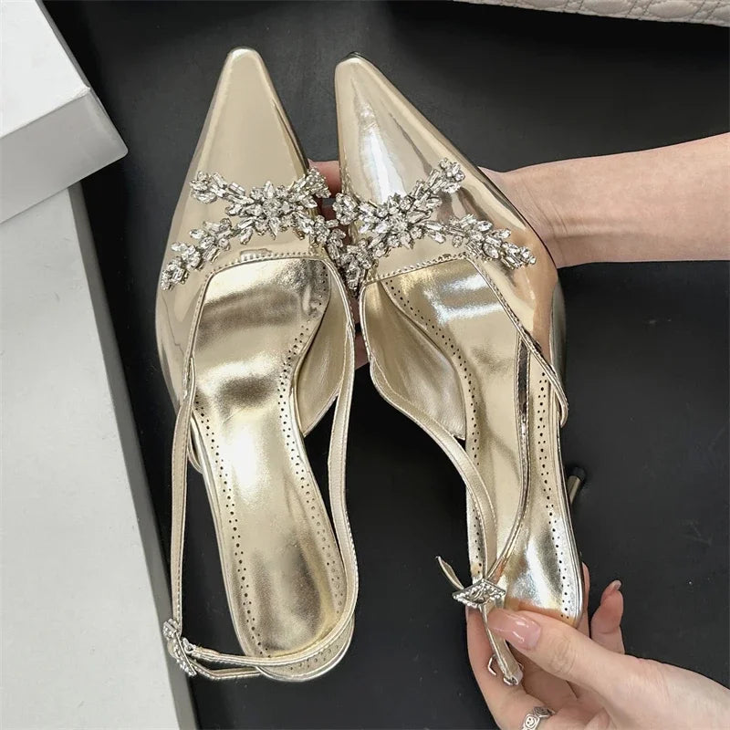 Design CRYSTAL Rhinestone Buckle Strap Banquet Thin High Heels Prom Sandals Mule Shoes Zapatos De Mujer
