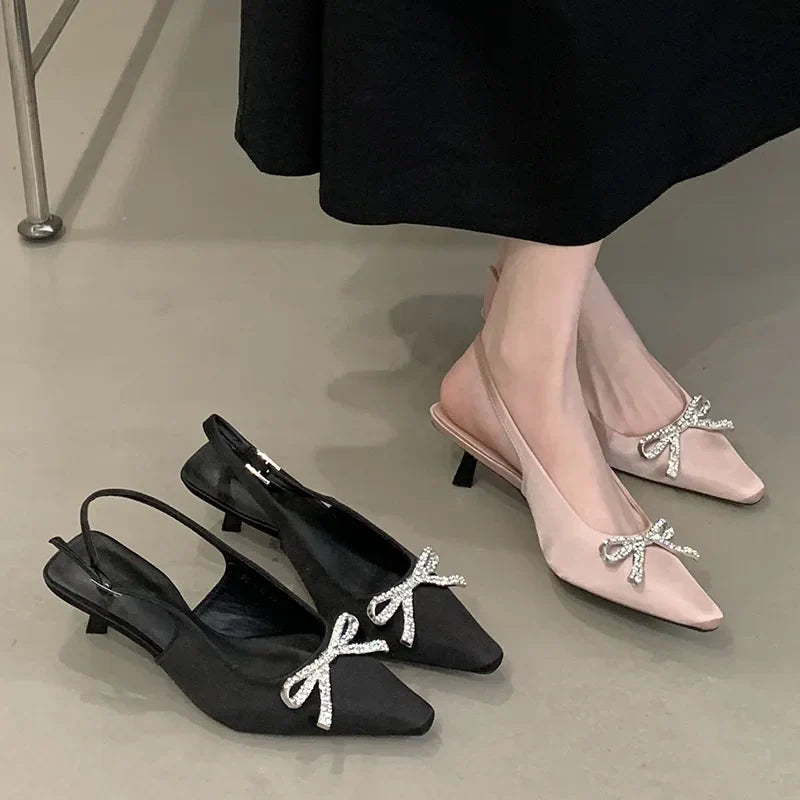 Shallow Medium Heels Sandals Shoes Pointed Toe Footwear Butterfly-Knot Heels Pumps Sandals Shoes