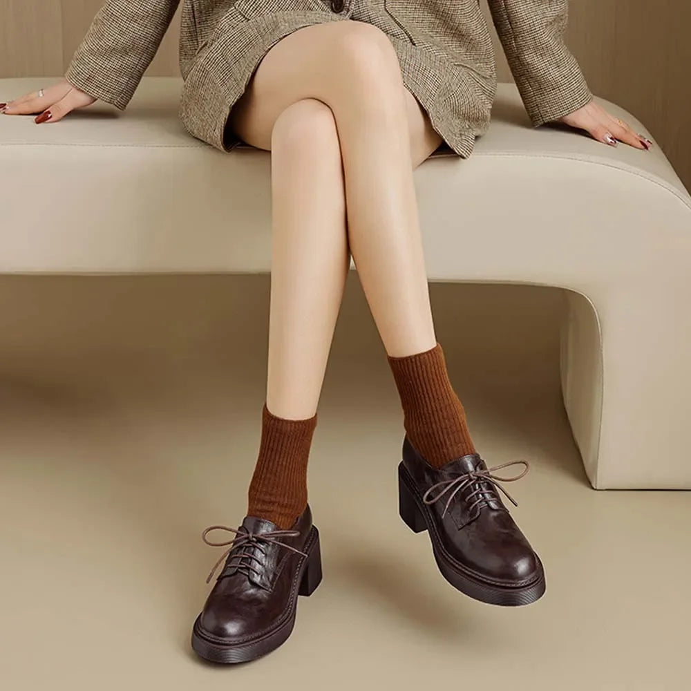 Womens Cowhide Lace Up Flat Shoes Oxford Round Toe Retro British High-Quality Soft Comfortable All Season Daily Shoes