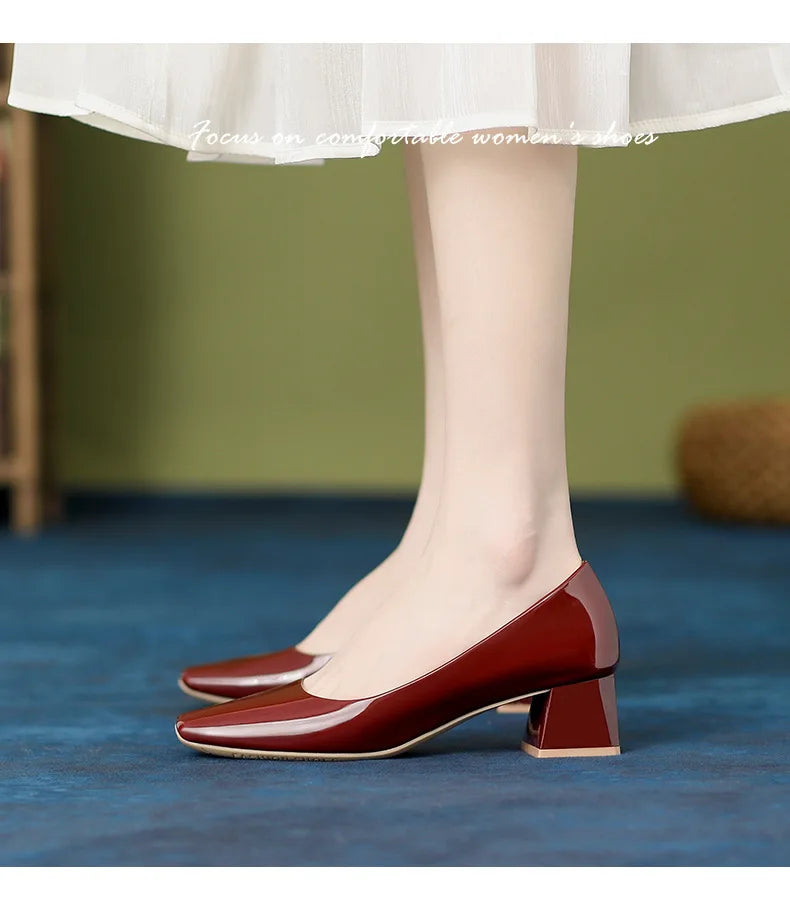 Solid Japanned Leather Pumps Woman Block High Heels Shoes OL Dress Work Escarpins Femmes Tacones Mujer