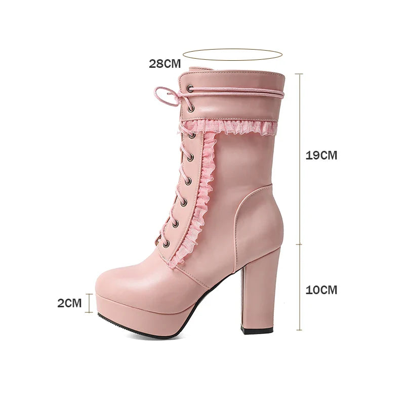 Ruffles Vintage Lolita Wedding Boots Chunky Block Square High Heels Lace Up Thick Platform Gothic Shoes Black White Pink