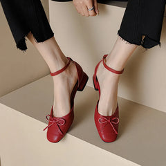 Sweet Retro Butterfly Knot Genuine Leather Thick Heels Ankle Strap Shoes Woman Party Wedding