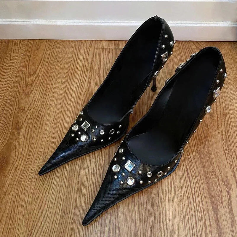 Leopard Print High Heels Pointed Toe Pumps Lace Up Elegant Sandal Rhinestone Party