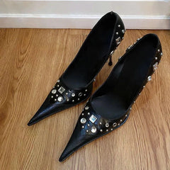 Leopard Print High Heels Pointed Toe Pumps Lace Up Elegant Sandal Rhinestone Party