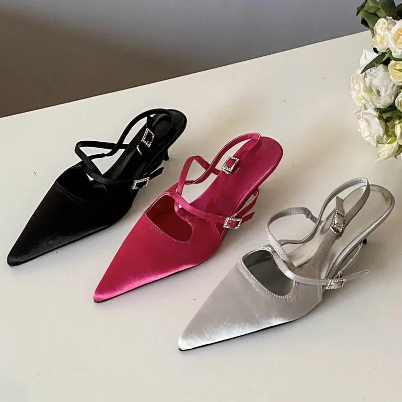 Elegant Narrow Band Buckle Strap Woman Pumps Pointed Toe Thin Low Heels Party Dress
