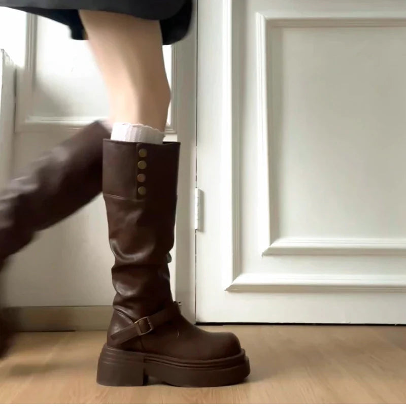 Platform Thick Bottom Woman Knee High Boots Shoes Elegant Belt Buckle Knight Booties