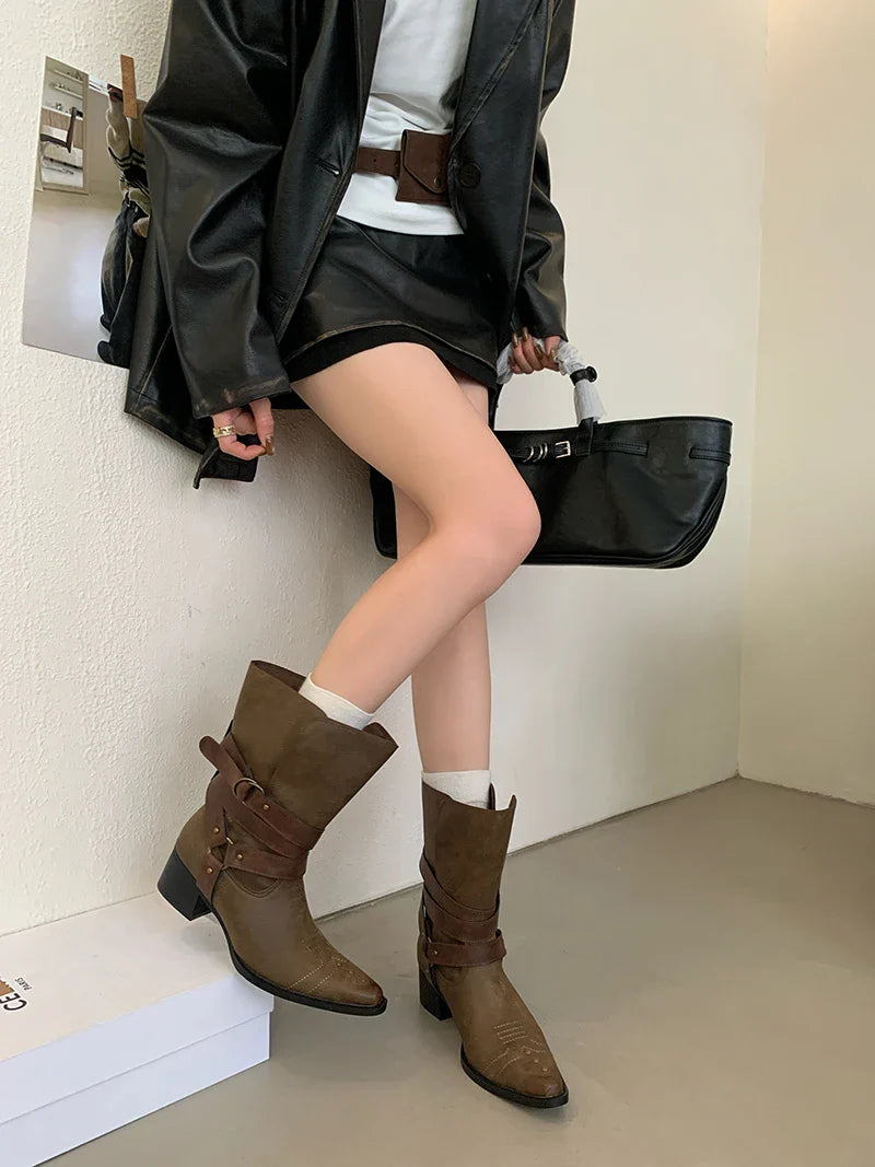 Black Chunky Heels Ankle Boots Woman Pointed Toe Rivet Fall Shoes Belt Buckle Western Style Cowboy Boots Zapatos Mujer