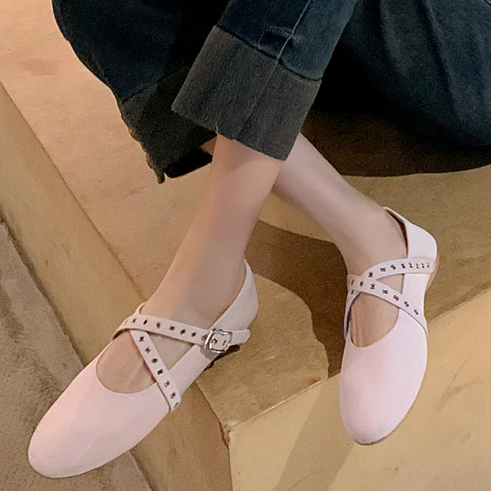 Flats Genuine Leather Ballet Flats Round Toe Buckle Strap Casual Comfortable Shoes Woman Concise