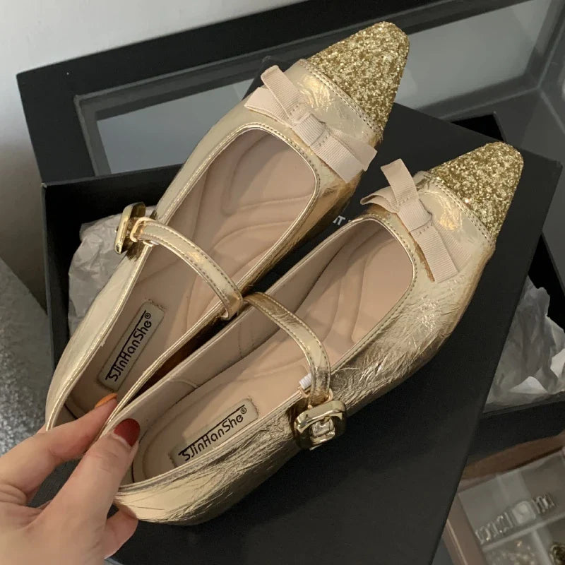 Bling Butterfly-knot Mary Jane Shoes Elegant Flat Shoes Shallow Comfort Increased Internal Brand