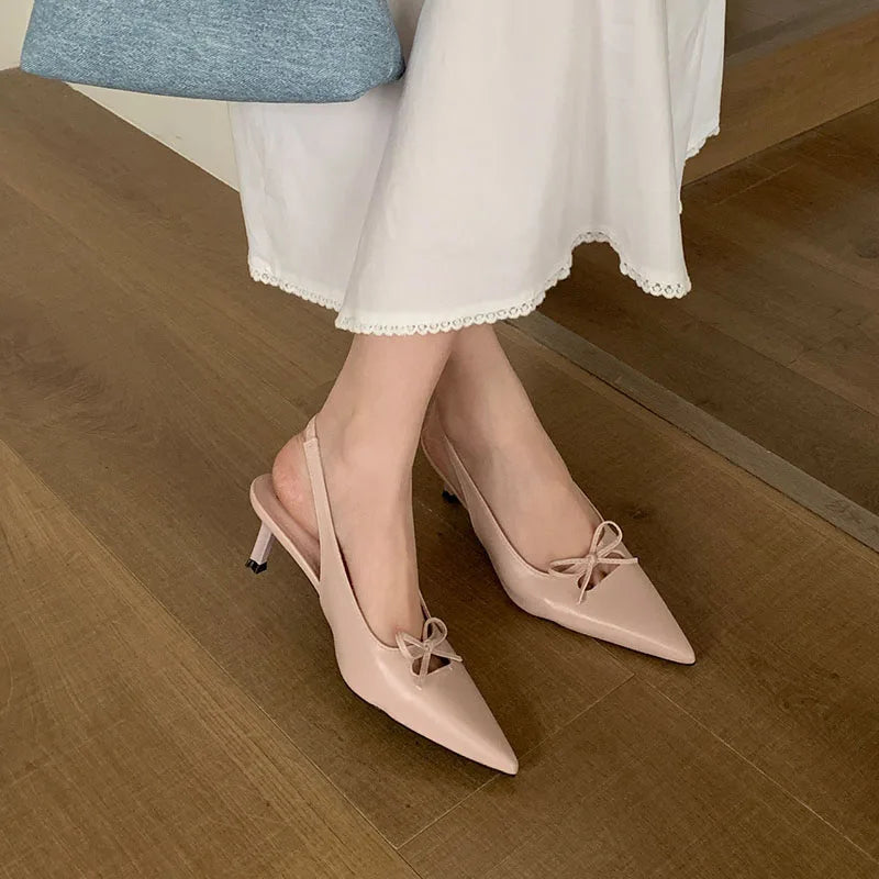 Butterfly-Knot Medium Heels Pumps Shoes Slip Pointed Toe Thin Heels Sandals Shoes