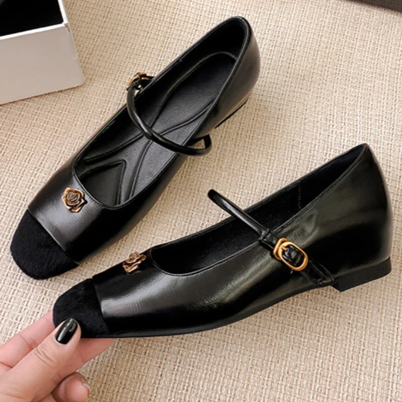Simple Flower Mary Jane Shoes Round Head One Strap Vintage Metal Buckle Casual Office Square Heel Flat Shoes