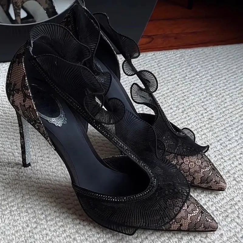 and pointed fish mouth rhinestone lace-trimmed hollow single shoes high-heeled banquet dress sandals