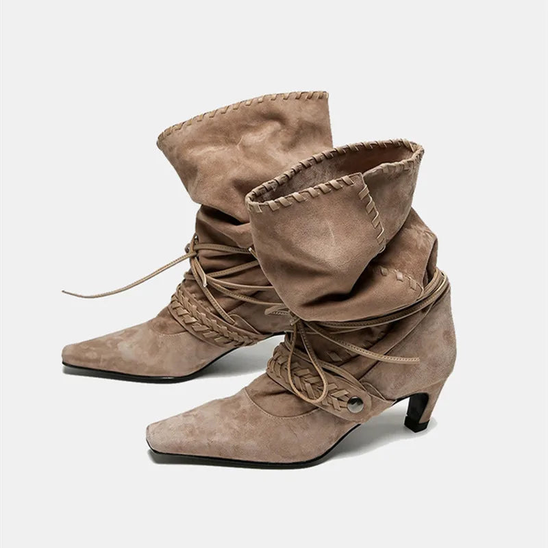 Faux Suede Weave Lace-up Motorcycle Boots High heels Chelsea Western Mid-Calf Short Booties Shoes