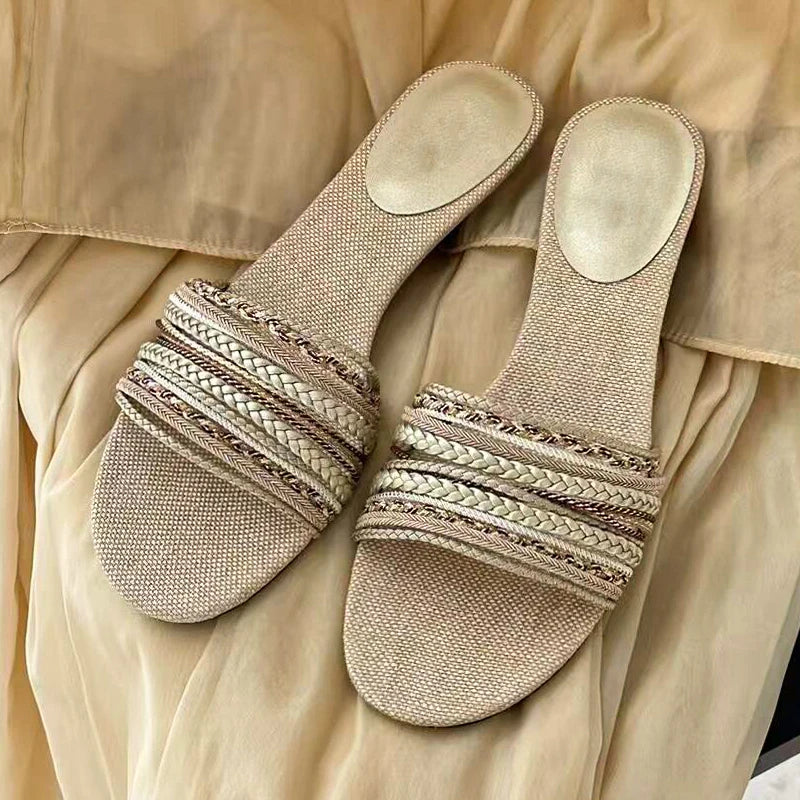 Low Heel Weave Slippers Elegant Open Toe Dress Slides Outdoor Gladiator Shoes