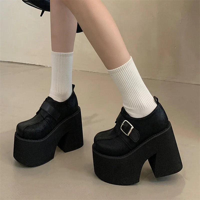 Chunky Platform Buckle Strap Street Style Round Toe Very Square High Heels Stripper Club