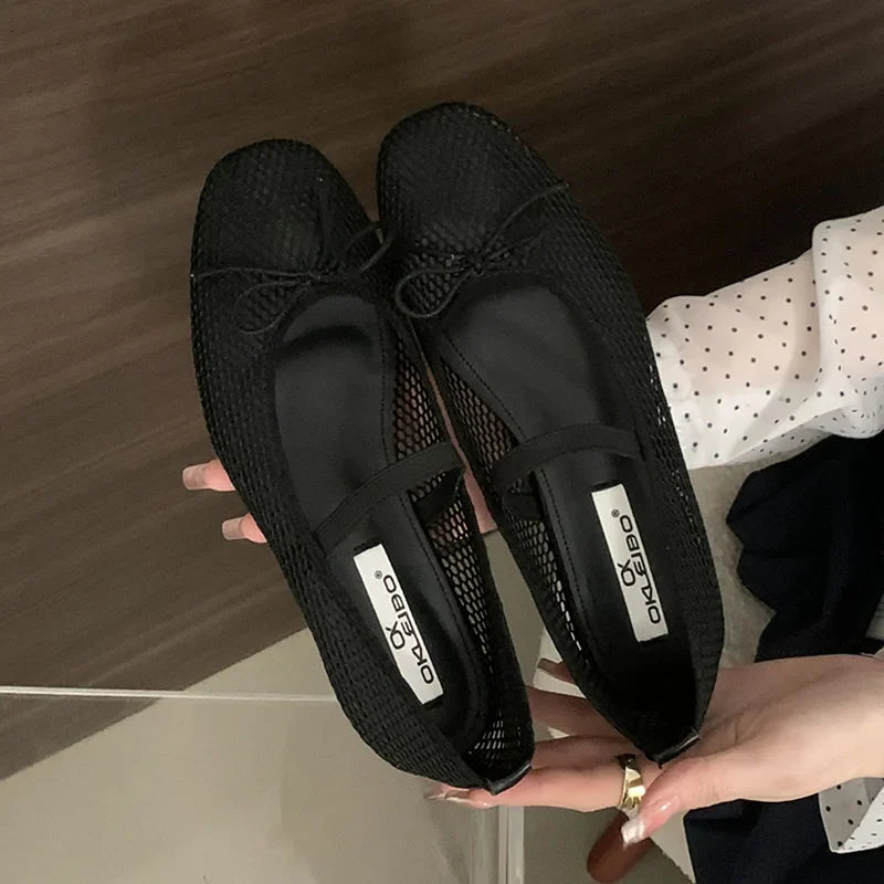 Mesh Breathable Mary Janes Flats Shoes Butterfly-Knot Footwear Ballet Flats Dance Shoes