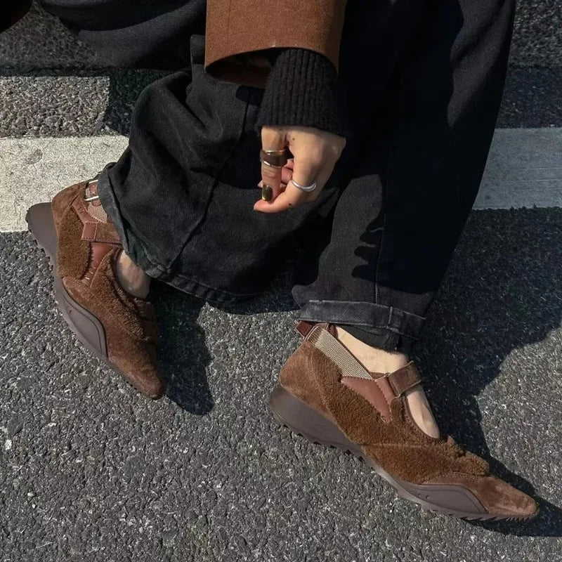 Casual Mary Jane Shoes Ins Style Pointed Toe Shallow Hook Loop Belt Buckle Street Sandals Brown/apricot Pumps