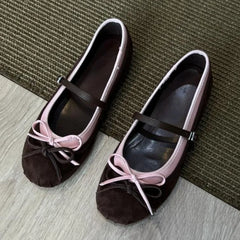 Sweet Bowknot Decoration Ballet Flats Round Toe Suede Patchwork Mary Jane Shoes Comfortable Soft Sole