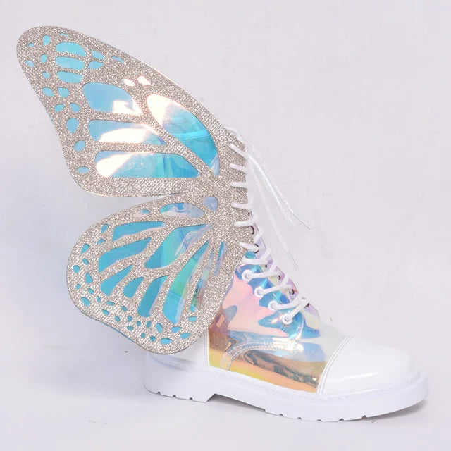 Shine Silver Real Leather Flat Sneakers Butterfly Wings Shoes Lace Up Ankle Boots High-top Leisure Platform Shoes