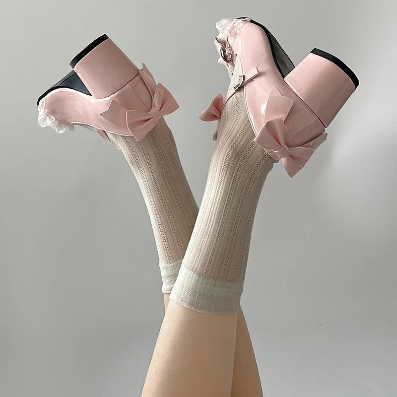 Cute Lace JK Mary Jane Shoes Butterfly-knot Leather Shoes Outdoor Party Dress Pumps