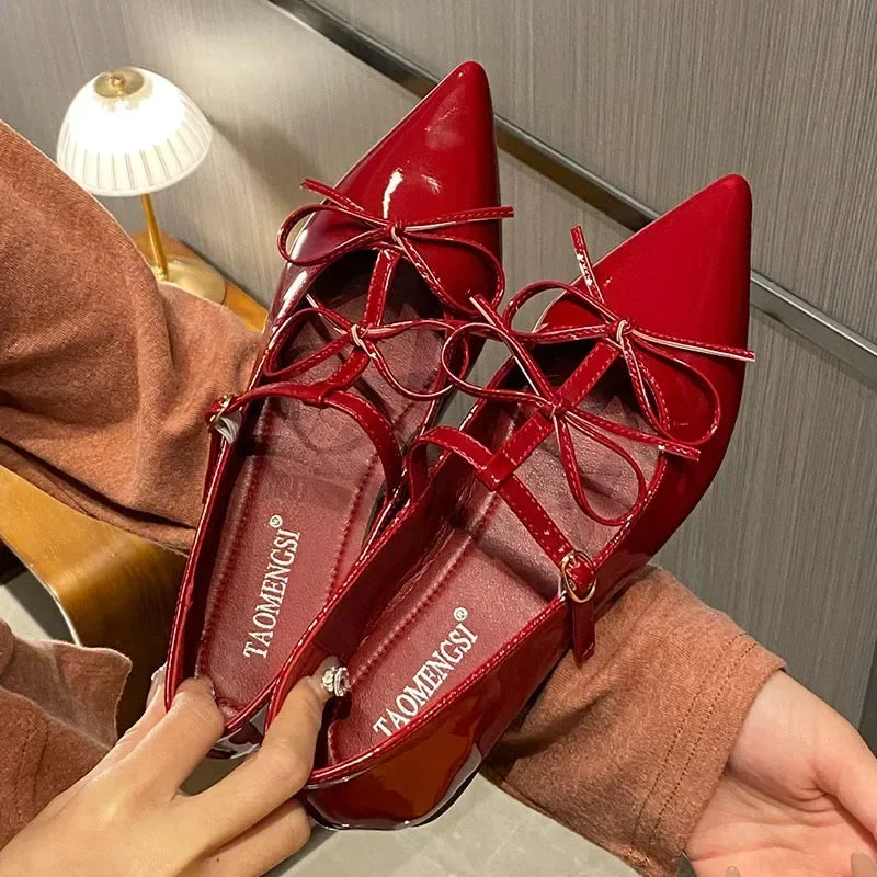 Pointed Toe Metal Buckle Bow T Strap Mary Jane Flats Elegant Banquet Dress Design Comfortable Single Shoes