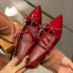 Pointed Toe Metal Buckle Bow T Strap Mary Jane Flats Elegant Banquet Dress Design Comfortable Single Shoes