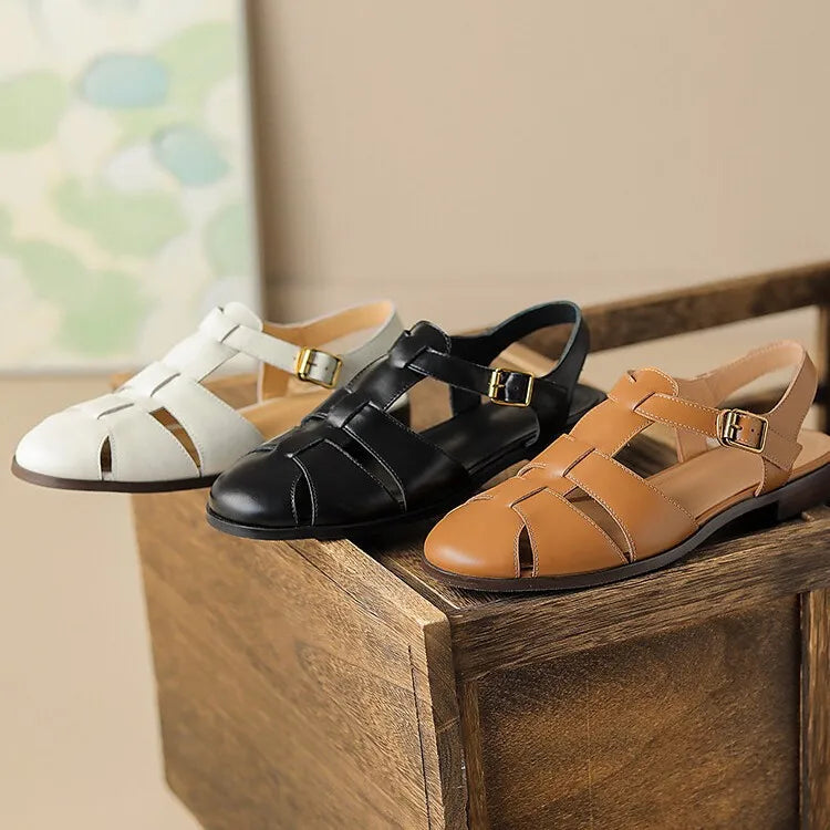 Sandals Low Thick Heel Genuine Leather Hook and Loop Back Strap Casual Sandals Solid Color Shoes
