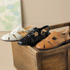 Sandals Low Thick Heel Genuine Leather Hook and Loop Back Strap Casual Sandals Solid Color Shoes