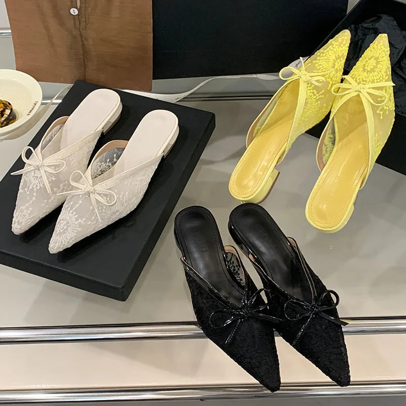 Butterfly-Knot Mesh Flats Slippers Mules Shoes Slides Pointed Toe Flats Sandals Shoes