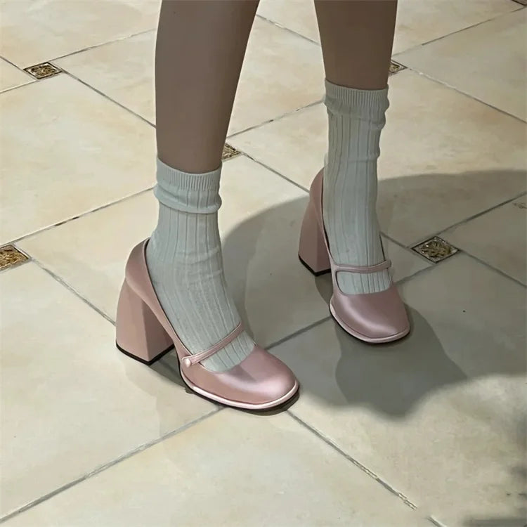 Round Toe Mary Jane Shoes Retro Buckle High Heels Party Thick Soled Pumps Zapatos De Mujer