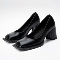 Pumps Square Toe Chunky Heel High Heels Black Soft Leather Elegant Evening