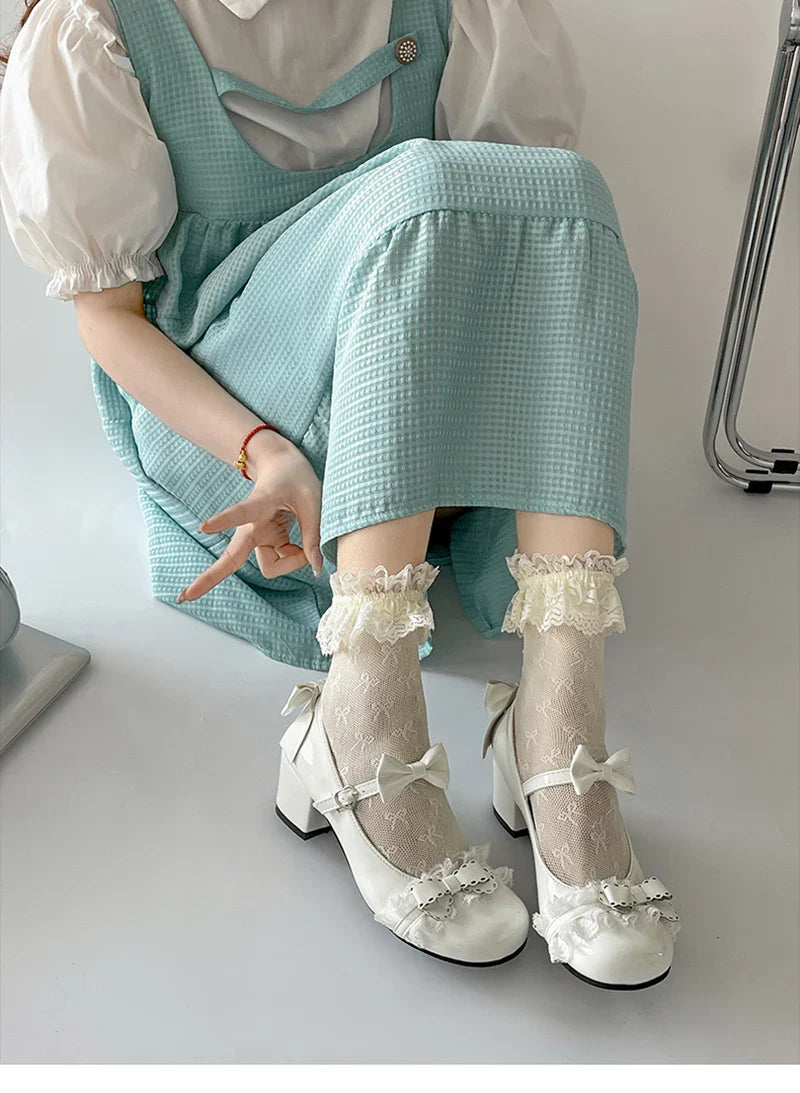 Cute Lace JK Mary Jane Shoes Butterfly-knot Leather Shoes Outdoor Party Dress Pumps