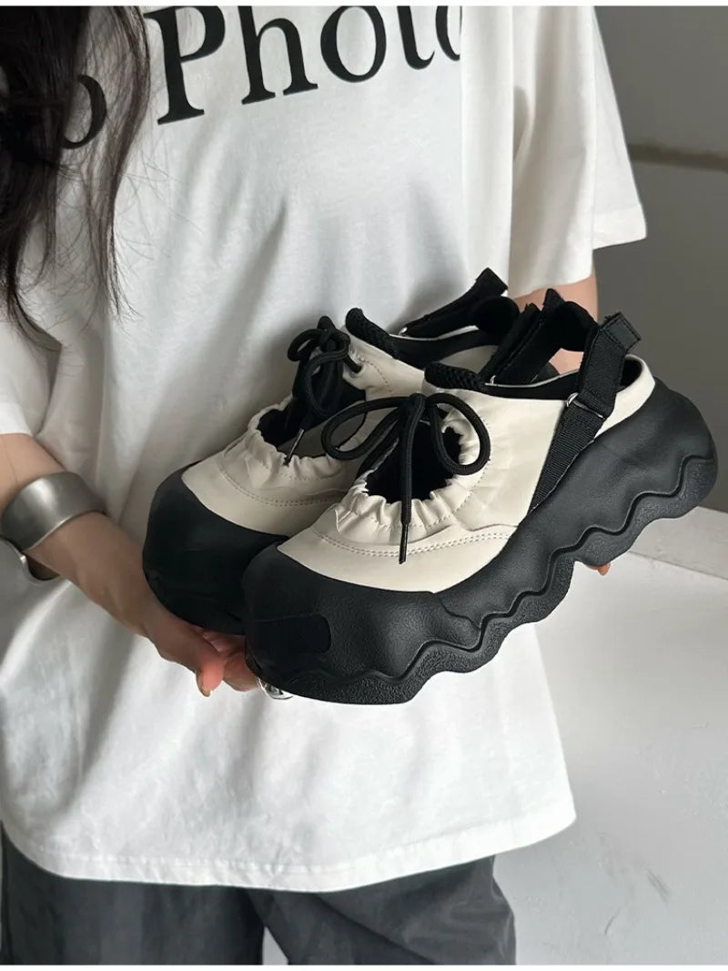 Street Explosion 5CM Mary Jane Sandals Wave Thick Bottom Lace Hollow Big Head Bread Shoes