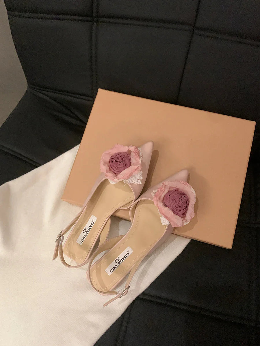 Flower Sandals Elegant Satin Mule Shoes Pointed Toe Pumps Low Heel Flowers Slingback Sandals