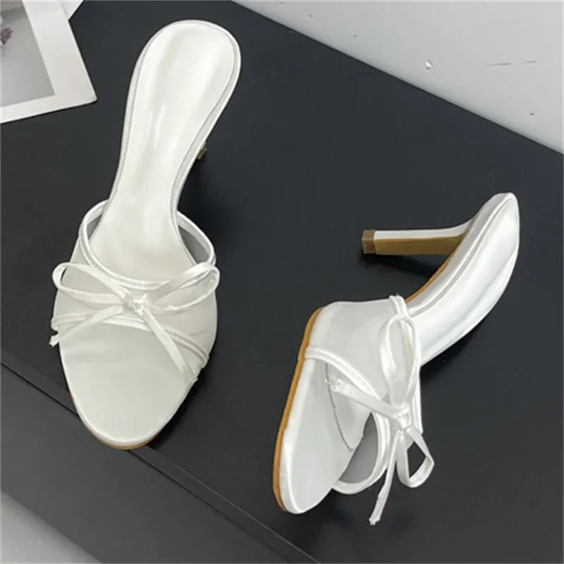 Butterfly-knot Breathable Holes Mesh Open Toe Woman Slippers Thin High Heels Party
