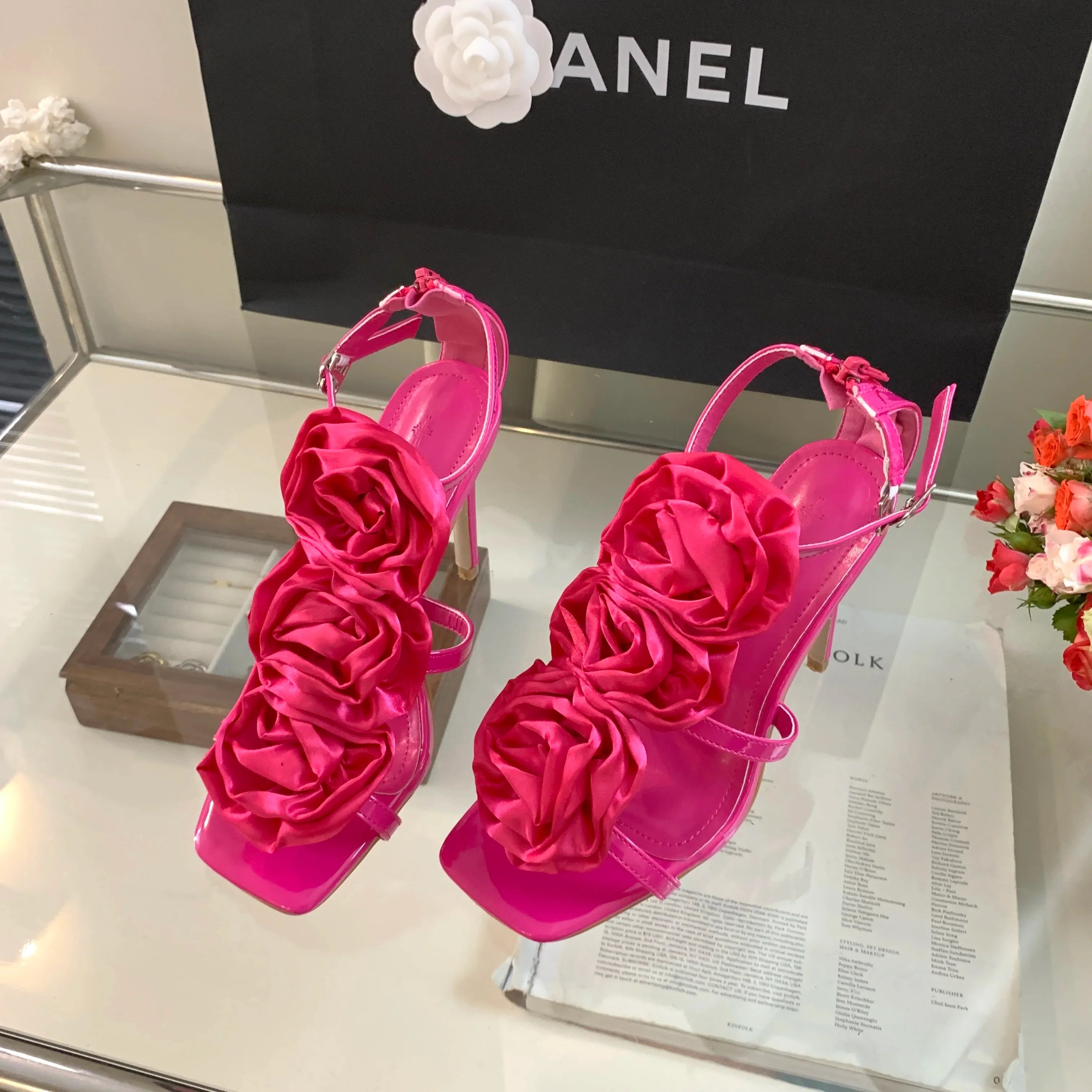 Flower Heeled Sandal Silk Rose Flower Open-toe Stiletto Shoes Roman Sandals 35-40 Sizes High Heels