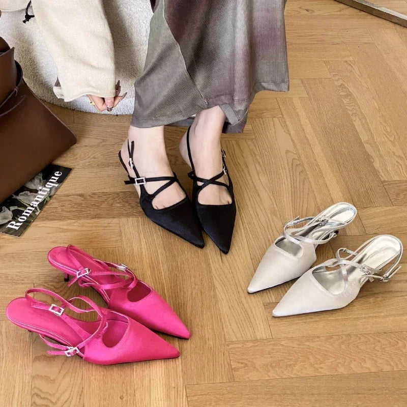 Silk High Heeled Sandals Narrow Band Shallow Low Heel Office Shoes Pointed Toe Pumps Brand Slingback