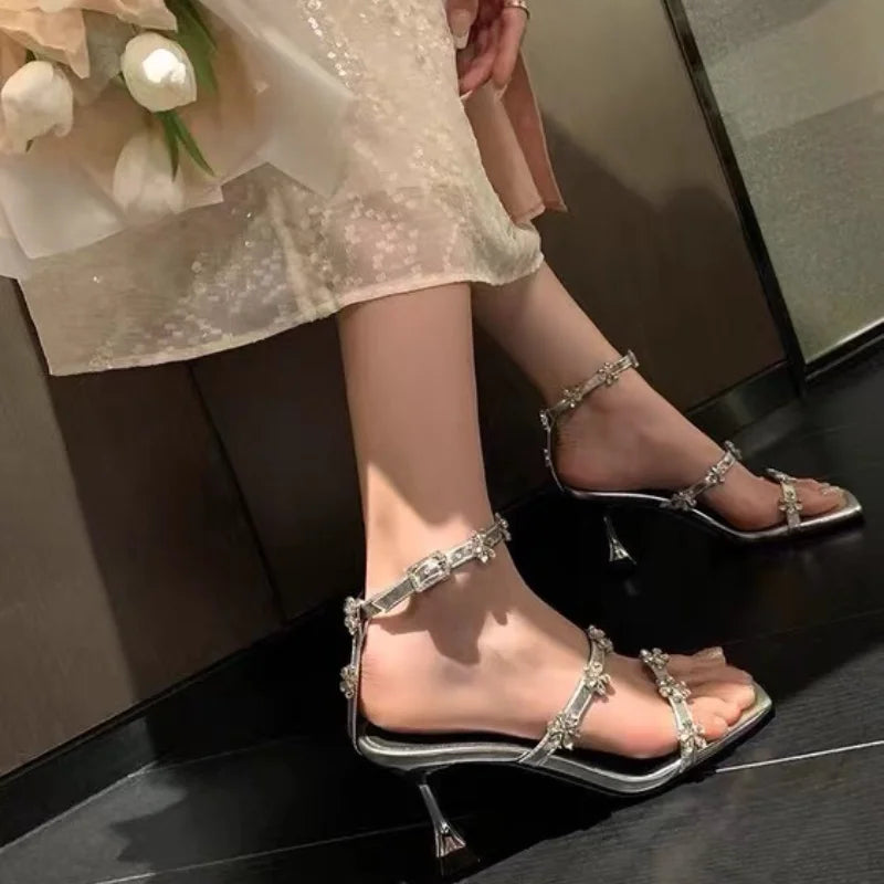 Gold Sliver White Black Sparkly Silver Beaded Ankle-Straps High Heels Sandals Everyday Wedding Shoes