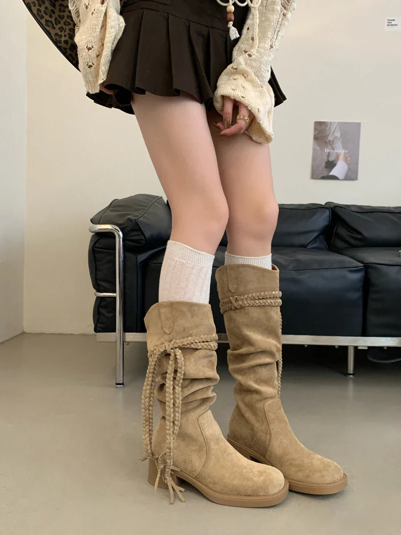 Brown Suede Boots Woman Round Toe Fall Gothic Shoes Chunky Heels Knee High Boots Western Style Shoes