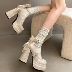 Pink Lolita High Heels Pumps Cute Bow Round Ankle Straps Chunky Platform Mary Jane Shoes Embroidered Heels