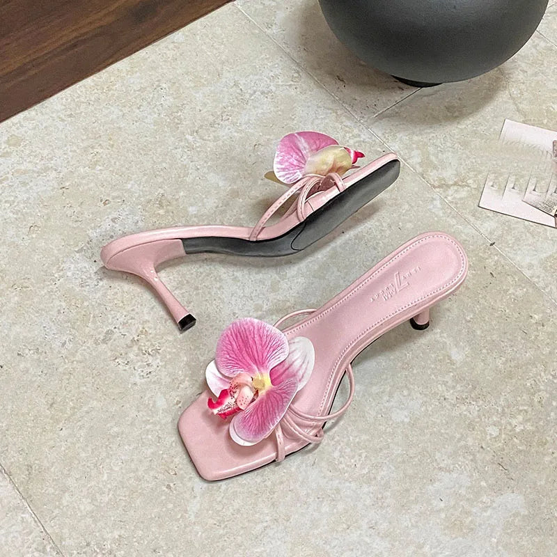 Slip Square Toe High Heels Pumps Slides Shoes Flower Thin Heels Shoes 2025