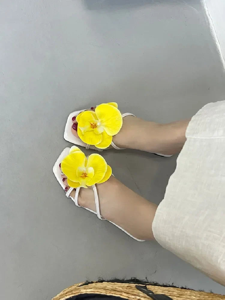 Flower Narrown Band Low Heels Slippers Square Toe Casual Beach Shoes Size 35-43