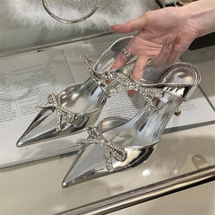 Crystal Butterfly-knot Pointed Toe Buckle Strap High Heels Party Prom Sandals Mule Shoes