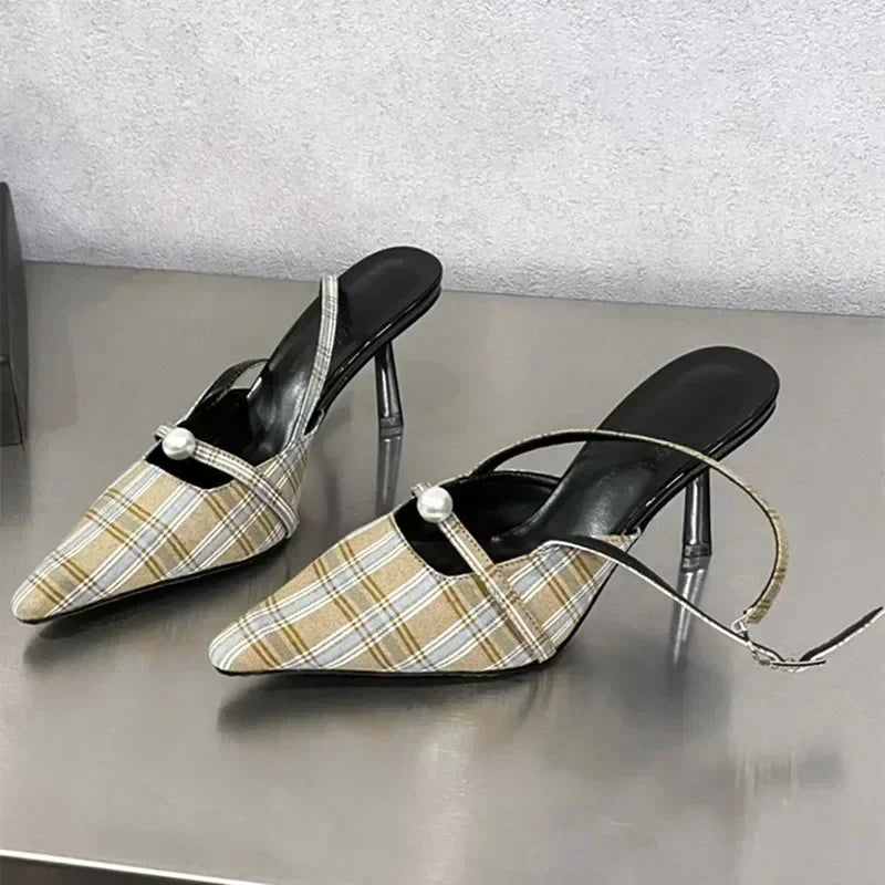 Pointed Toe Retro Plaid High Heels Elegant Slingbacks Shoes Office Sandalias De Mujer