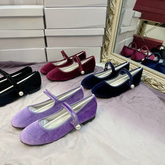 Retro Purple Burgundy Satin Pearl Velvet Mary Jane Flat Shoes