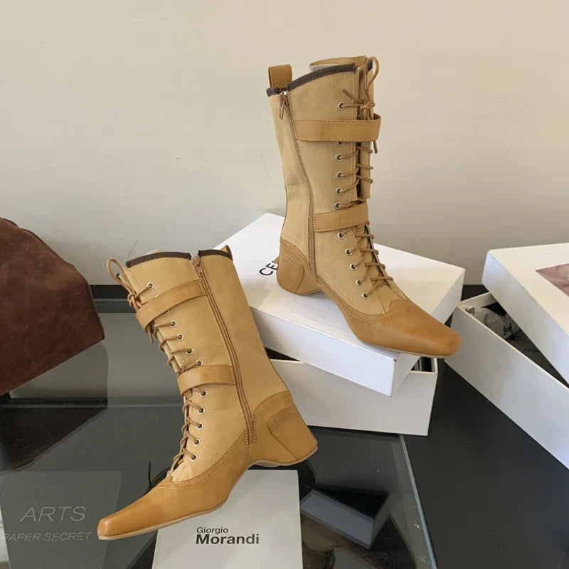 Yellow Cowboy Boots Lace Up Belt Buckle Block Heels Mid-calf Western Boots Vintage Shoes Black Botas Mujer
