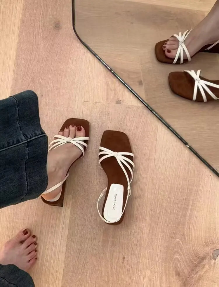 Kitten High Heels Open Toe Sandals Cross Narrow Band Low Slippers Stylish Comfortable Multi-work Shoes Flat Heels