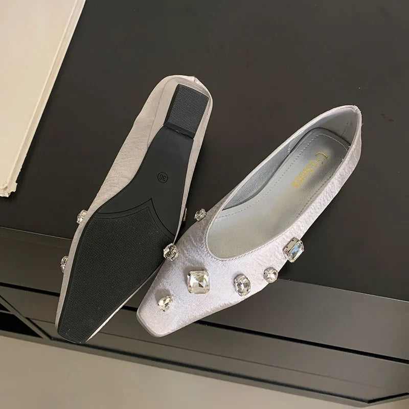 Pink Rhinestones Silk Flats With Shoes Soft Shallow Footwear Crystal Slip On Flats Shoes