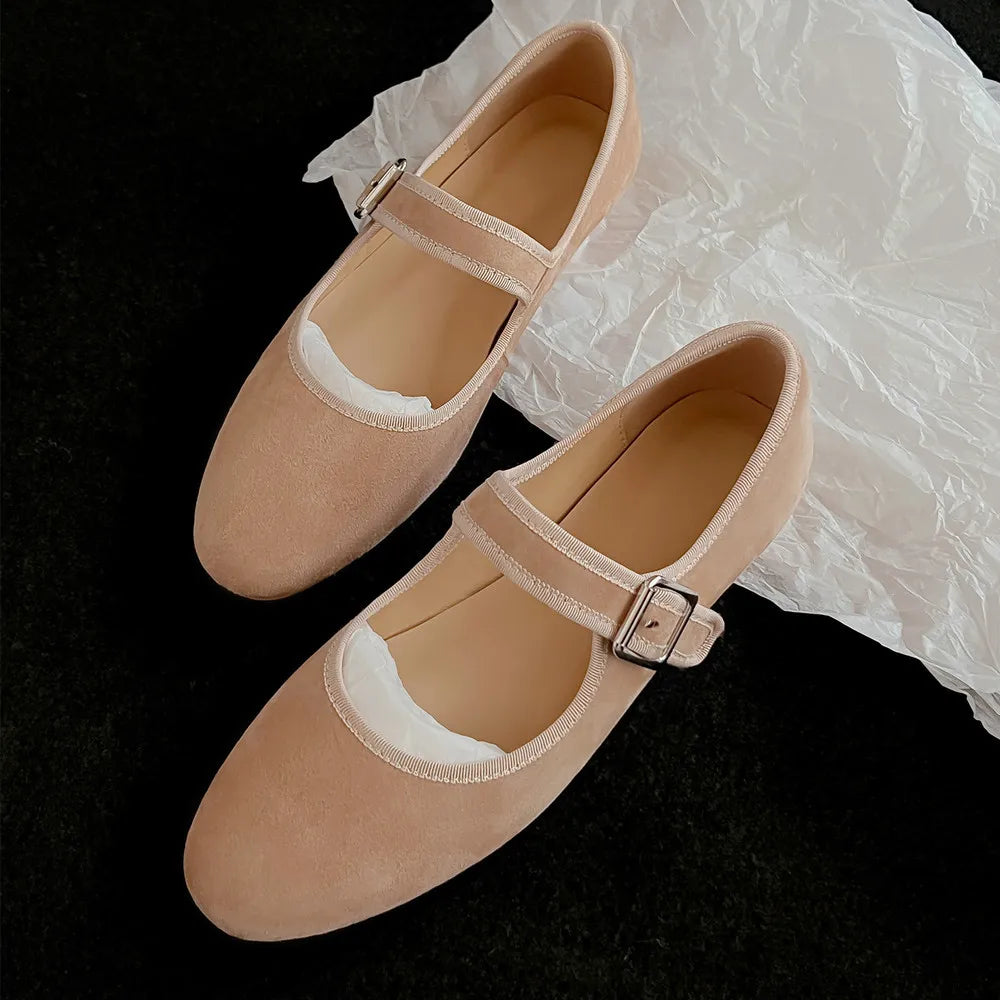 Flats Round Toe Genuine Leather Buckle Strap Mary Janes Office Lady Working Shoes Woman Concise